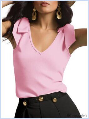 Ribbed Knit V Neck Tie Shoulder Tank Top Sleeveless Slim Fit Summer Camisole